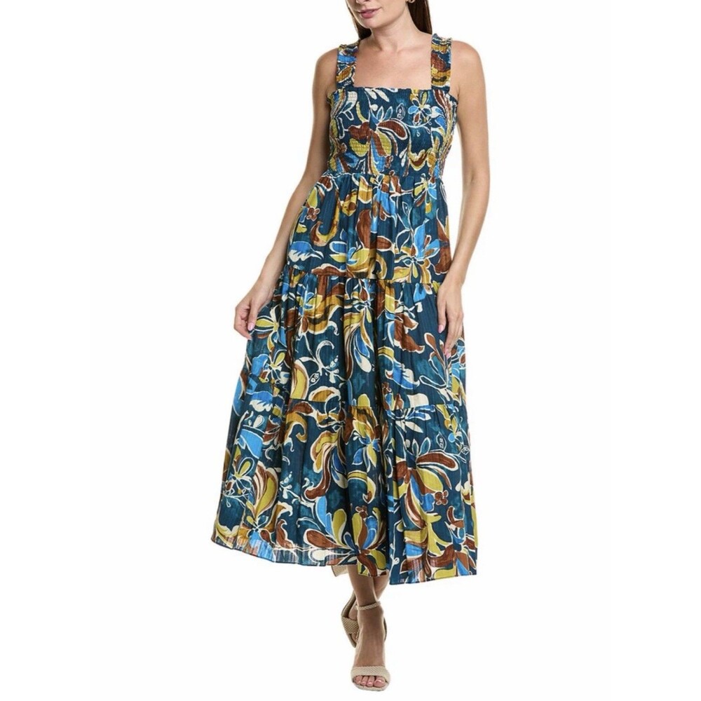 Anne Klein Women's Teal Printed Tiered Smocked Cotton Sleeveless Maxi Dress XL - Picture 2 of 4